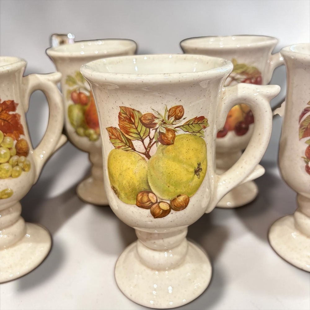 Vintage McCoy Speckled Stoneware Fruit Harvest Footed Pedestal Mugs Set of 6 - Picture 2 of 13